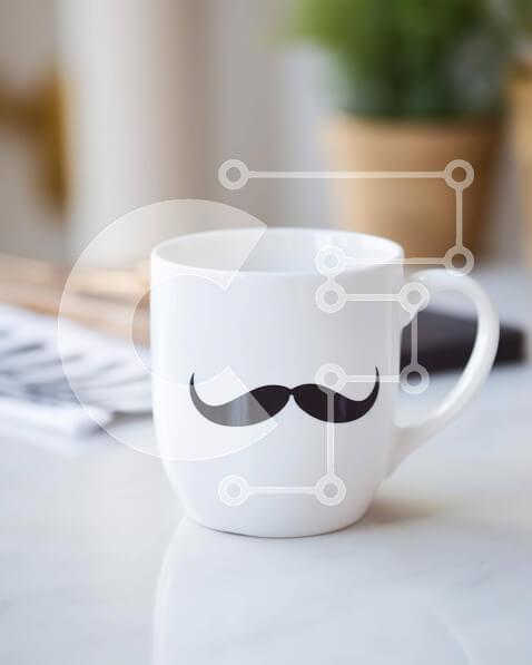 Intra Συλλεκτικό Ξύλινο Παζλ Plywood  4mm - Λευκή κούπα καφέ με σχέδιο μουστάκι στο τραπέζι Σε Ξύλινο Κουτί - Διαστάσεις: 10x10 cm – 25 κομμάτια