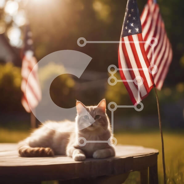Intra Συλλεκτικό Ξύλινο Παζλ Plywood  4mm - Γάτα που χαλαρώνει σε υπαίθριο τραπέζι με αμερικανικές σημαίες Σε Ξύλινο Κουτί - Διαστάσεις: 10x10 cm – 25 κομμάτια