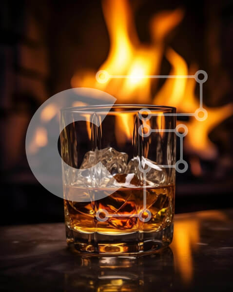 Intra Συλλεκτικό Ξύλινο Παζλ Plywood  4mm - Ποτήρι ουίσκι με πάγο δίπλα στο τζάκι Σε Ξύλινο Κουτί - Διαστάσεις Puzzle: 10x10 cm – 25 κομμάτια