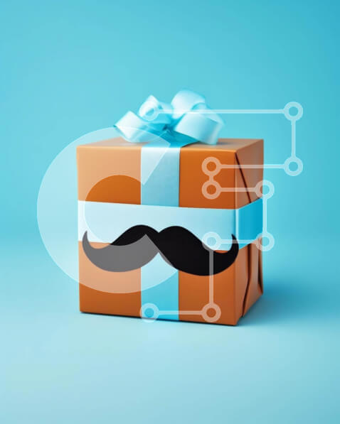 Intra Συλλεκτικό Ξύλινο Παζλ Plywood  4mm - Μπλε κουτί δώρου με μουστάκι σε πορτοκαλί φόντο Σε Ξύλινο Κουτί - Διαστάσεις: 10x10 cm – 25 κομμάτια