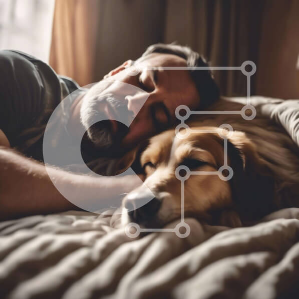 Intra Συλλεκτικό Ξύλινο Παζλ Plywood  4mm - Άνδρας που κοιμάται στο κρεβάτι με σκύλο Σε Ξύλινο Κουτί - Διαστάσεις Puzzle: 10x10 cm – 25 κομμάτια