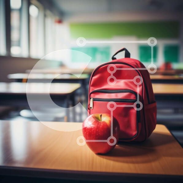 Intra Συλλεκτικό Ξύλινο Παζλ Plywood  4mm - Κόκκινο σακίδιο πλάτης και μήλο στην κενή τάξη Σε Ξύλινο Κουτί - Διαστάσεις Puzzle: 10x10 cm – 25 κομμάτια