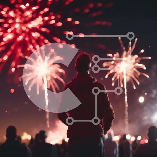 Intra Συλλεκτικό Ξύλινο Παζλ Plywood  4mm - Ομάδα ανθρώπων που παρακολουθούν πυροτεχνήματα στον νυχτερινό ουρανό Σε Ξύλινο Κουτί - Διαστάσεις: 10x10 cm – 25 κομμάτια