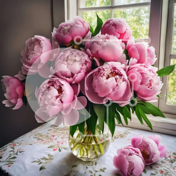 Intra Συλλεκτικό Ξύλινο Παζλ Plywood  4mm - Pink Peonies in Vase by Window Σε Ξύλινο Κουτί - Διαστάσεις: 10x10 cm – 25 κομμάτια