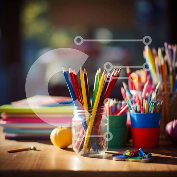 Intra Συλλεκτικό Ξύλινο Παζλ Plywood  4mm - Πολύχρωμα σχολικά είδη σε ξύλινο τραπέζι Σε Ξύλινο Κουτί - Διαστάσεις Puzzle: 10x10 cm – 25 κομμάτια