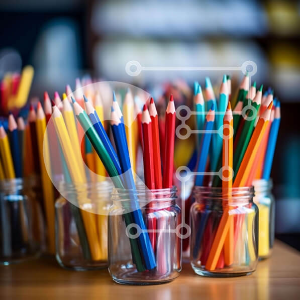 Intra Συλλεκτικό Ξύλινο Παζλ Plywood  4mm - Πολύχρωμα μολύβια σε γυάλινα βάζα σε ξύλινο τραπέζι Σε Ξύλινο Κουτί - Διαστάσεις: 10x10 cm – 25 κομμάτια