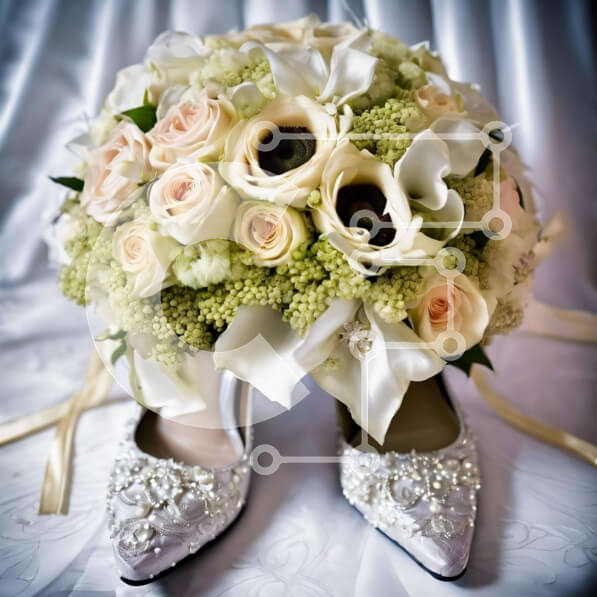 Σετ των 2 Intra Συλλεκτικό Ξύλινο Παζλ Plywood  4mm - Μπουκέτο με λευκό και ροζ τριαντάφυλλο σε ασημένια νυφικά παπούτσια Σε Ξύλινο Κουτί - Διαστάσεις: 10x10 cm – 25 κομμάτια