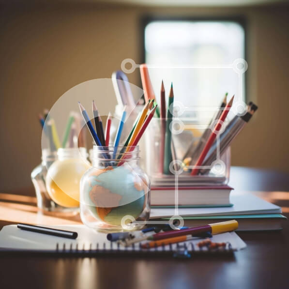 Intra Συλλεκτικό Ξύλινο Παζλ Plywood  4mm - Γραφείο με σχολικά είδη και υδρόγειο Σε Ξύλινο Κουτί - Διαστάσεις Puzzle: 10x10 cm – 25 κομμάτια