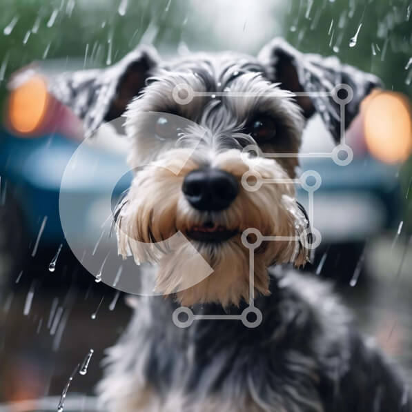 Intra Συλλεκτικό Ξύλινο Παζλ Plywood  4mm - Γκρίζο και άσπρο σκυλί που απολαμβάνει τη βροχή στην ενεργή σκηνή του δρόμου Σε Ξύλινο Κουτί - Διαστάσεις: 10x10 cm – 25 κομμάτια