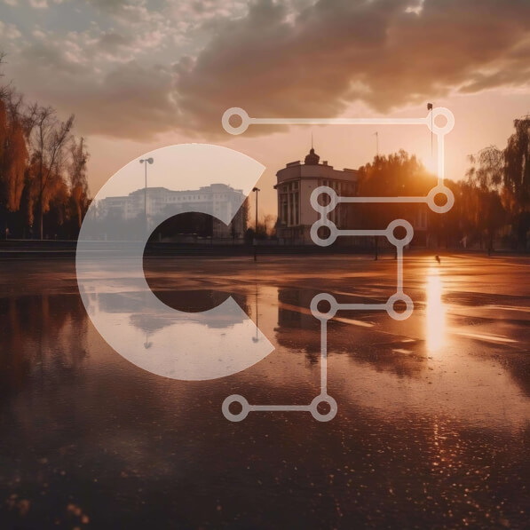 Intra Συλλεκτικό Ξύλινο Παζλ Plywood  4mm - Υγρός χώρος στάθμευσης στο ηλιοβασίλεμα με κτίρια και σκέιτμπορντ Σε Ξύλινο Κουτί - Διαστάσεις: 10x10 cm – 25 κομμάτια