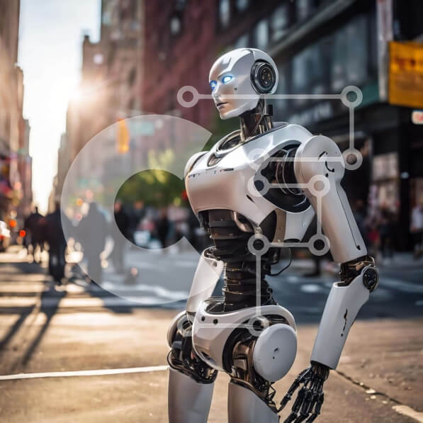 Intra Συλλεκτικό Ξύλινο Παζλ Plywood  4mm - Λευκό ρομπότ στην αστική σκηνή του δρόμου Σε Ξύλινο Κουτί - Διαστάσεις Puzzle: 10x10 cm – 25 κομμάτια