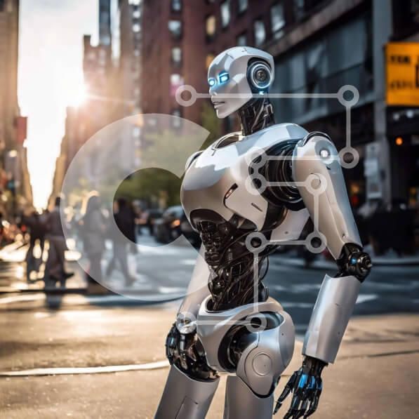 Intra Συλλεκτικό Ξύλινο Παζλ Plywood  4mm - Ρομπότ στην αστική οδό με ανθρώπους να περπατούν τριγύρω Σε Ξύλινο Κουτί - Διαστάσεις Puzzle: 10x10 cm – 25 κομμάτια