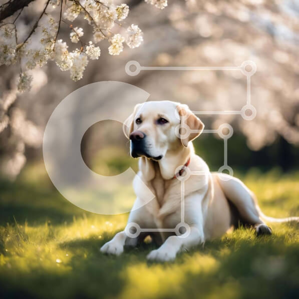 Intra Συλλεκτικό Ξύλινο Παζλ Plywood  4mm - Κίτρινο σκυλί Λαμπραντόρ που χαλαρώνει ανάμεσα σε ανθισμένες κερασιές Σε Ξύλινο Κουτί - Διαστάσεις: 10x10 cm – 25 κομμάτια