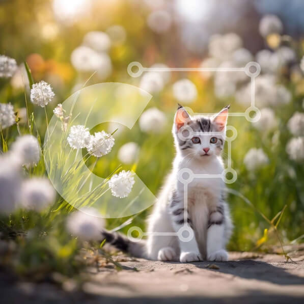 Intra Συλλεκτικό Ξύλινο Παζλ Plywood  4mm - Γκρι και άσπρη γάτα με λευκά λουλούδια Σε Ξύλινο Κουτί - Διαστάσεις: 10x10 cm – 25 κομμάτια