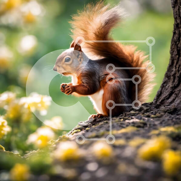 Intra Συλλεκτικό Ξύλινο Παζλ Plywood  4mm - Κόκκινος σκίουρος που κάθεται στον κορμό βελανιδιάς Σε Ξύλινο Κουτί - Διαστάσεις: 10x10 cm – 25 κομμάτια