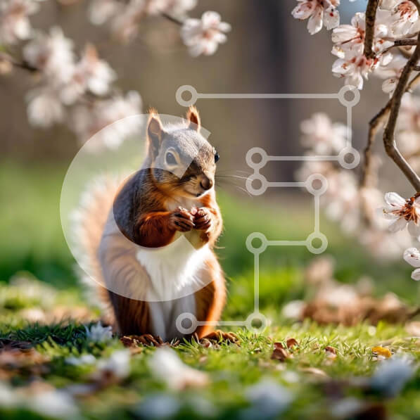 Intra Συλλεκτικό Ξύλινο Παζλ Plywood  4mm - Σκίουρος που τρώει σε σκηνικό με άνθη κερασιάς Σε Ξύλινο Κουτί - Διαστάσεις: 10x10 cm – 25 κομμάτια