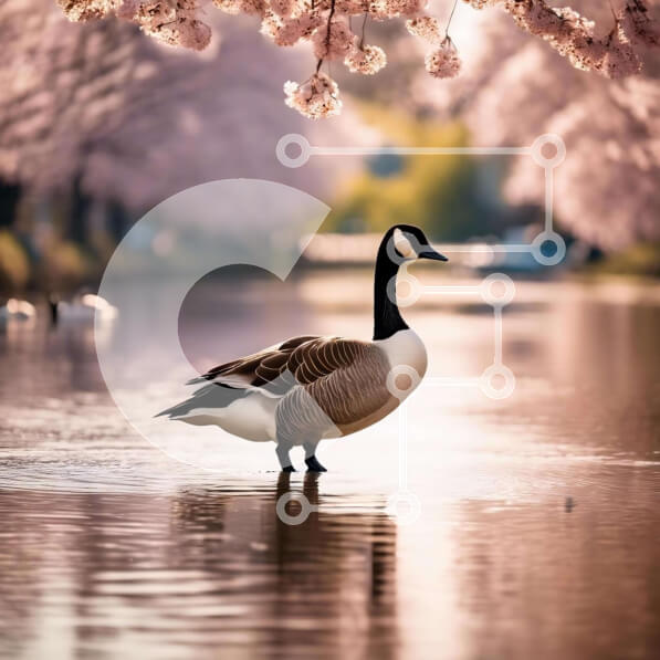 Intra Συλλεκτικό Ξύλινο Παζλ Plywood  4mm - Ειρηνική χήνα κοντά σε ανθισμένες κερασιές και νερό Σε Ξύλινο Κουτί - Διαστάσεις: 10x10 cm – 25 κομμάτια