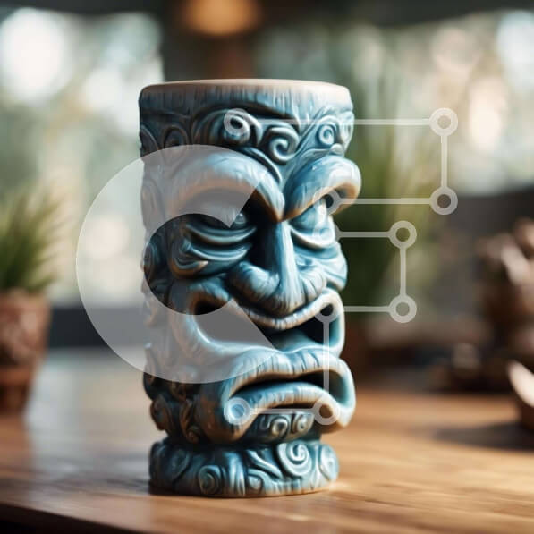 Intra Συλλεκτικό Ξύλινο Παζλ Plywood  4mm - Μπλε κύπελλο Tiki με σχέδιο θυμωμένου προσώπου και φυτά σε γλάστρες Σε Ξύλινο Κουτί - Διαστάσεις: 10x10 cm – 25 κομμάτια