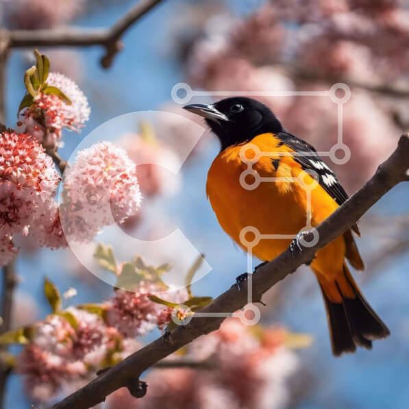 Intra Συλλεκτικό Ξύλινο Παζλ Plywood  4mm - Πορτοκαλί και μαύρο πουλί σκαρφαλωμένο σε κλαδί με ροζ άνθη Σε Ξύλινο Κουτί - Διαστάσεις: 10x10 cm – 25 κομμάτια