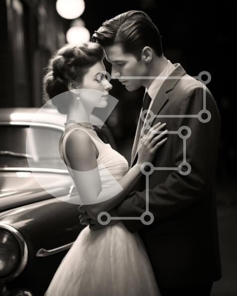 Intra Συλλεκτικό Ξύλινο Παζλ Plywood  4mm - Νεαρό ζευγάρι που στέκεται δίπλα στο Vintage αυτοκίνητο Σε Ξύλινο Κουτί - Διαστάσεις Puzzle: 10x10 cm – 25 κομμάτια