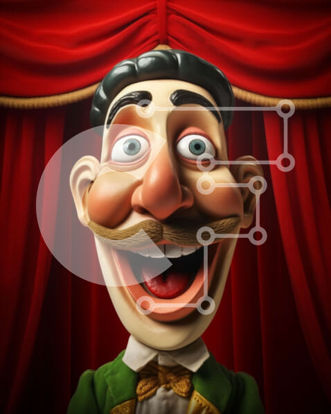 Intra Συλλεκτικό Ξύλινο Παζλ Plywood  4mm - Ιδιότροπος χαρακτήρας μαριονέτας με φόντο κόκκινη κουρτίνα Σε Ξύλινο Κουτί - Διαστάσεις Puzzle: 10x10 cm – 25 κομμάτια