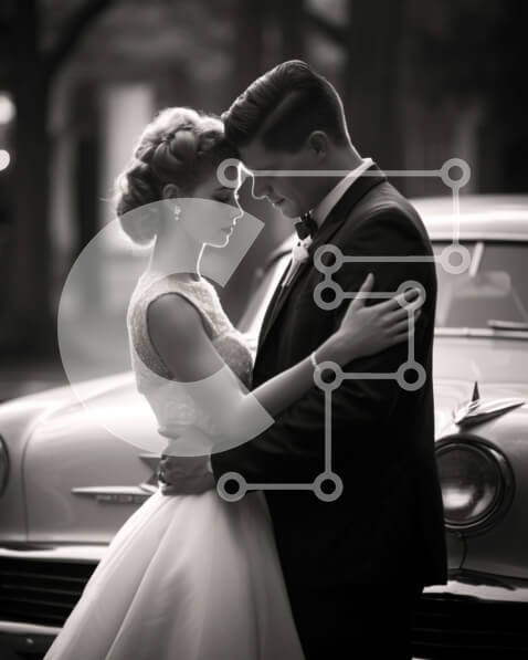 Intra Συλλεκτικό Ξύλινο Παζλ Plywood  4mm - Ρομαντικό νιόπαντρο ζευγάρι με vintage αυτοκίνητο Σε Ξύλινο Κουτί - Διαστάσεις Puzzle: 10x10 cm – 25 κομμάτια