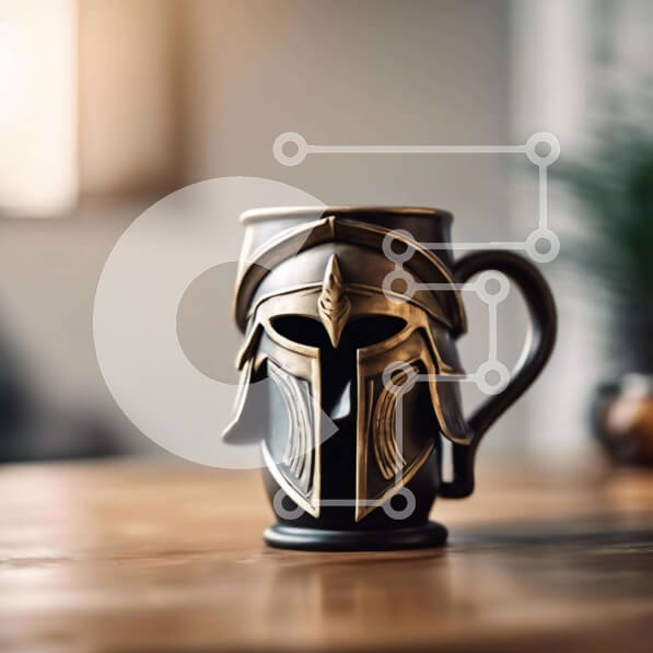 Intra Συλλεκτικό Ξύλινο Παζλ Plywood  4mm - Περίπλοκη κούπα καφέ με κράνος Spartan σε ξύλινο τραπέζι Σε Ξύλινο Κουτί - Διαστάσεις: 10x10 cm – 25 κομμάτια