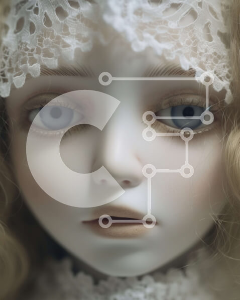 Intra Συλλεκτικό Ξύλινο Παζλ Plywood  4mm - Κοντινή εικόνα του προσώπου κούκλας με μπλε μάτια και λευκή δαντέλα Σε Ξύλινο Κουτί - Διαστάσεις: 10x10 cm – 25 κομμάτια