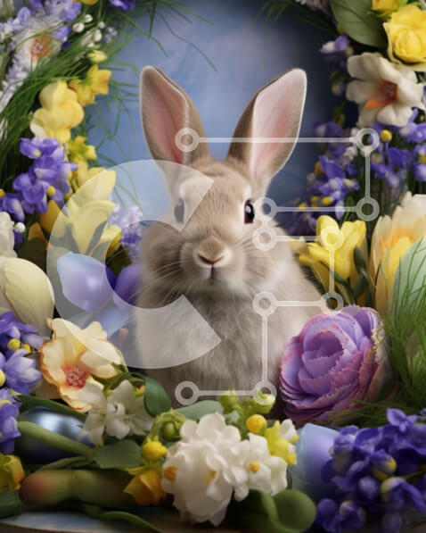 Σετ των 2 Intra Συλλεκτικό Ξύλινο Παζλ Plywood  4mm - Γκρι λαγουδάκι που περιβάλλεται από πολύχρωμα λουλούδια και αυγά Σε Ξύλινο Κουτί - Διαστάσεις: 10x10 cm – 25 κομμάτια