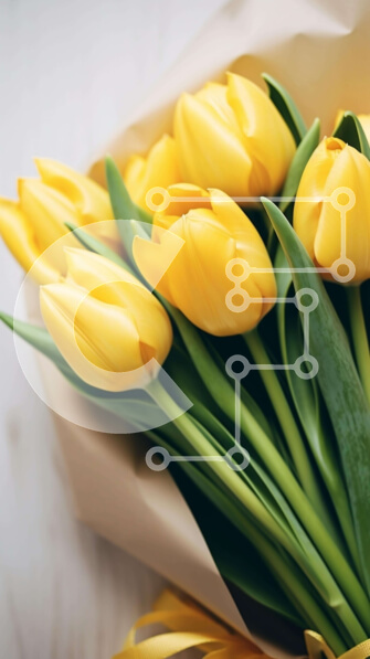 Σετ των 2 Intra Συλλεκτικό Ξύλινο Παζλ Plywood  4mm - Μπουκέτο με κίτρινες τουλίπες τυλιγμένες σε καφέ χαρτί με πράσινες κορδέλες Σε Ξύλινο Κουτί - Διαστάσεις: 10x10 cm – 25 κομμάτια