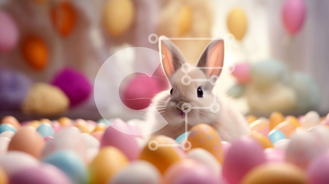 Intra Συλλεκτικό Ξύλινο Παζλ Plywood  4mm - Λευκό λαγουδάκι που περιβάλλεται από πασχαλινά αυγά και μπαλόνια Σε Ξύλινο Κουτί - Διαστάσεις: 10x10 cm – 25 κομμάτια