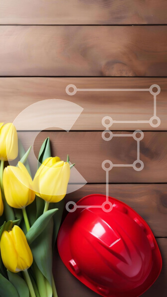 Σετ των 2 Intra Συλλεκτικό Ξύλινο Παζλ Plywood  4mm - Κίτρινες τουλίπες και κόκκινο σκληρό καπέλο σε ξύλινη επιφάνεια Σε Ξύλινο Κουτί - Διαστάσεις: 10x10 cm – 25 κομμάτια