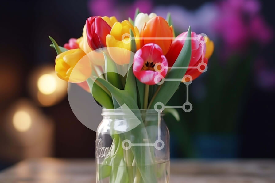 Intra Συλλεκτικό Ξύλινο Παζλ Plywood  4mm - Πολύχρωμες τουλίπες σε βάζο Mason στο τραπέζι Σε Ξύλινο Κουτί - Διαστάσεις: 10x10 cm – 25 κομμάτια