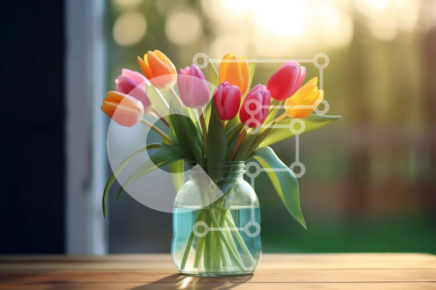 Intra Συλλεκτικό Ξύλινο Παζλ Plywood  4mm - Πολύχρωμες τουλίπες σε γυάλινο βάζο από ανοιχτό παράθυρο Σε Ξύλινο Κουτί - Διαστάσεις: 10x10 cm – 25 κομμάτια