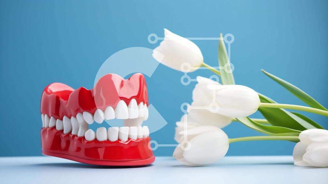 Intra Συλλεκτικό Ξύλινο Παζλ Plywood  4mm - Κόκκινο οδοντιατρικό μοντέλο και λευκές τουλίπες Σε Ξύλινο Κουτί - Διαστάσεις Puzzle: 10x10 cm – 25 κομμάτια