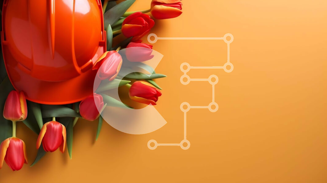 Intra Συλλεκτικό Ξύλινο Παζλ Plywood  4mm - Πορτοκαλί σκληρό καπέλο που περιβάλλεται από κόκκινες τουλίπες Σε Ξύλινο Κουτί - Διαστάσεις: 10x10 cm – 25 κομμάτια