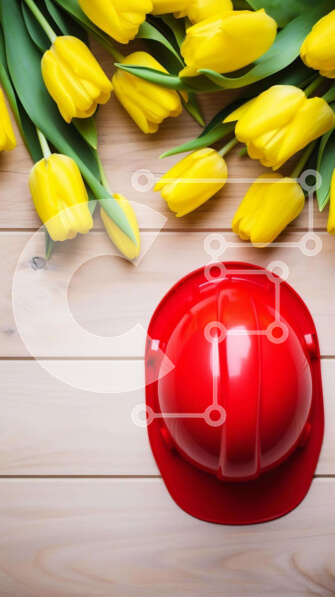 Intra Συλλεκτικό Ξύλινο Παζλ Plywood  4mm - Κόκκινο σκληρό καπέλο και κίτρινες τουλίπες σε ένα ξύλινο τραπέζι Σε Ξύλινο Κουτί - Διαστάσεις Puzzle: 10x10 cm – 25 κομμάτια