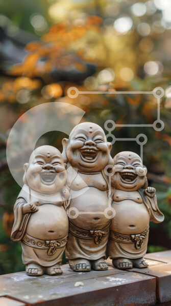 Intra Συλλεκτικό Ξύλινο Παζλ Plywood  4mm - Χαμογελαστά αγάλματα του Βούδα σε ξύλινο πάγκο σε εξωτερικό περιβάλλον Σε Ξύλινο Κουτί - Διαστάσεις Puzzle: 10x10 cm – 25 κομμάτια