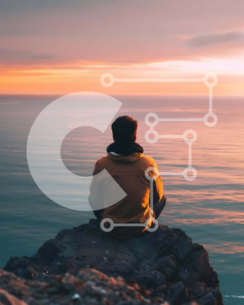 Intra Συλλεκτικό Ξύλινο Παζλ Plywood  4mm - Άνδρας που κάθεται στον βράχο με θέα στον ωκεανό στο ηλιοβασίλεμα Σε Ξύλινο Κουτί - Διαστάσεις: 10x10 cm – 25 κομμάτια