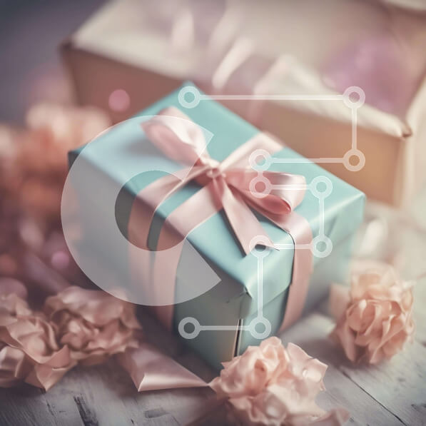 Intra Συλλεκτικό Ξύλινο Παζλ Plywood  4mm - Μπλε κουτί δώρου με ροζ κορδέλες και λουλούδια Σε Ξύλινο Κουτί - Διαστάσεις: 10x10 cm – 25 κομμάτια