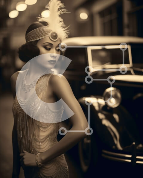 Intra Συλλεκτικό Ξύλινο Παζλ Plywood  4mm - Γυναίκα με vintage φόρεμα flapper που ποζάρει με ένα παλιομοδίτικο αυτοκίνητο Σε Ξύλινο Κουτί - Διαστάσεις Puzzle: 10x10 cm – 25 κομμάτια