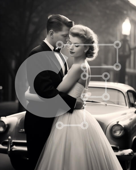 Intra Συλλεκτικό Ξύλινο Παζλ Plywood  4mm - Vintage γαμήλιο ζευγάρι αγκαλιά με κλασικό αυτοκίνητο Σε Ξύλινο Κουτί - Διαστάσεις: 10x10 cm – 25 κομμάτια