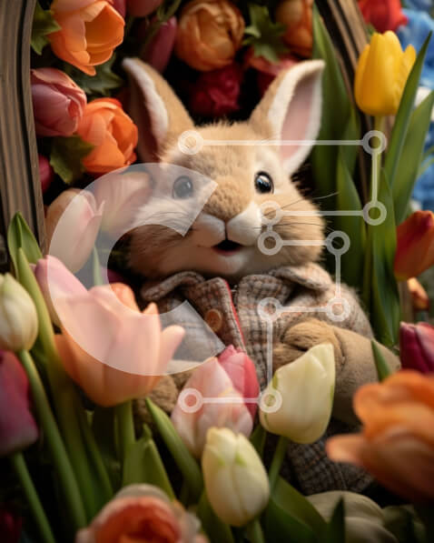 Intra Συλλεκτικό Ξύλινο Παζλ Plywood  4mm - Ανοιξιάτικη σκηνή με γεμιστό λαγουδάκι και πολύχρωμες τουλίπες Σε Ξύλινο Κουτί - Διαστάσεις Puzzle: 10x10 cm – 25 κομμάτια