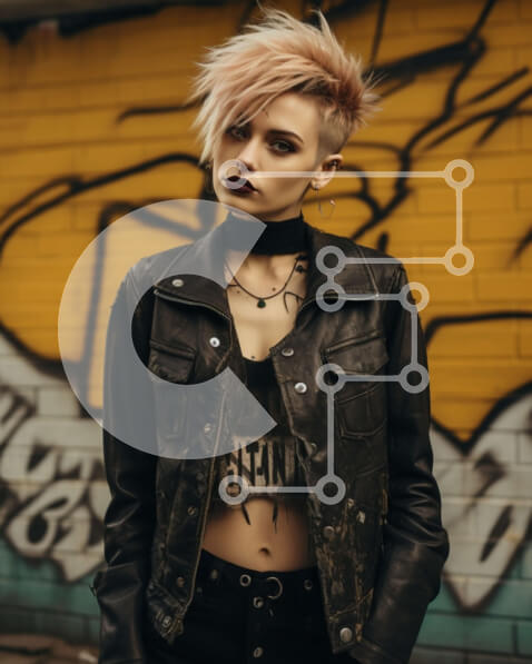 Intra Συλλεκτικό Ξύλινο Παζλ Plywood  4mm - Κομψή νεαρή γυναίκα με ροζ μαλλιά και τοίχους γκράφιτι Σε Ξύλινο Κουτί - Διαστάσεις Puzzle: 10x10 cm – 25 κομμάτια