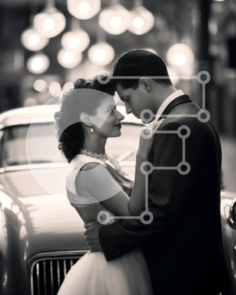 Intra Συλλεκτικό Ξύλινο Παζλ Plywood  4mm - Κομψό ζευγάρι αγκαλιά με κλασικό αυτοκίνητο Σε Ξύλινο Κουτί - Διαστάσεις Puzzle: 10x10 cm – 25 κομμάτια