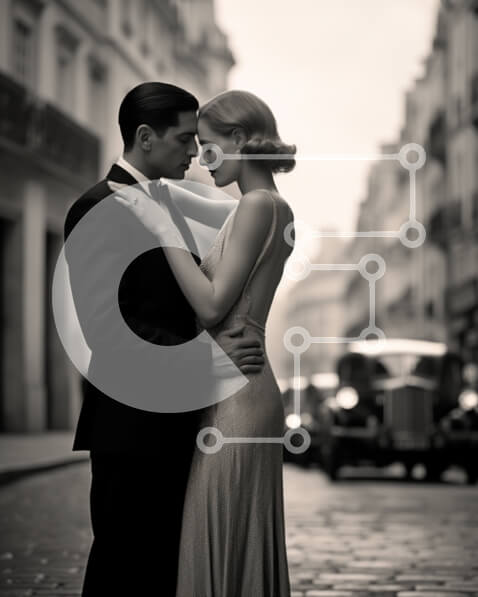 Intra Συλλεκτικό Ξύλινο Παζλ Plywood  4mm - Ρομαντικό ζευγάρι με επίσημη ενδυμασία που περπατά στην Cobblestone Street Σε Ξύλινο Κουτί - Διαστάσεις Puzzle: 10x10 cm – 25 κομμάτια