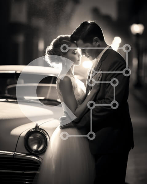 Intra Συλλεκτικό Ξύλινο Παζλ Plywood  4mm - Νεόνυμφο ζευγάρι ποζάρει μπροστά από vintage αυτοκίνητο Σε Ξύλινο Κουτί - Διαστάσεις: 10x10 cm – 25 κομμάτια