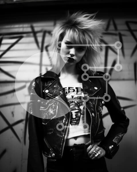 Intra Συλλεκτικό Ξύλινο Παζλ Plywood  4mm - Νεαρή γυναίκα με στολή εμπνευσμένη από το Punk Rock που ποζάρει μπροστά από τοίχους με γκράφιτι Σε Ξύλινο Κουτί - Διαστάσεις Puzzle: 10x10 cm – 25 κομμάτια