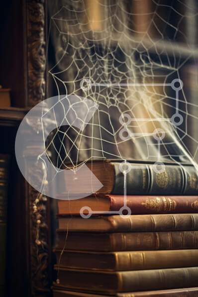 Intra Συλλεκτικό Ξύλινο Παζλ Plywood  4mm - Απόκοσμη στοίβα βιβλίων με ιστούς αράχνης Σε Ξύλινο Κουτί - Διαστάσεις Puzzle: 10x10 cm – 25 κομμάτια