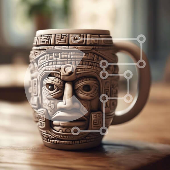 Intra Συλλεκτικό Ξύλινο Παζλ Plywood  4mm - Κεραμική κούπα καφέ με πρόσωπο εμπνευσμένο από τους Αζτέκους Σε Ξύλινο Κουτί - Διαστάσεις: 10x10 cm – 25 κομμάτια